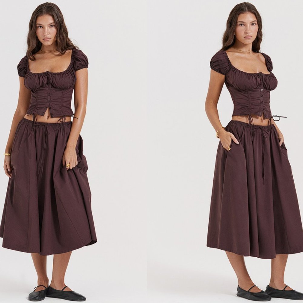HOUSE OF CB 'Kitty' & ‘Cora’ Rich Brown Gathered Midi Skirt Set NWOT - Picture 5 of 12